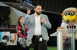 Gregory Forzley speaks to his team at Mercedes-Benz Stadium.